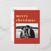 レトロはっきりしたタイポグラフィレッドメリークリスマスフォト 箔シーズンポストカード (正面/裏面)