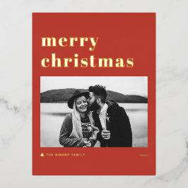 レトロはっきりしたタイポグラフィレッドメリークリスマスフォト 箔シーズンポストカード