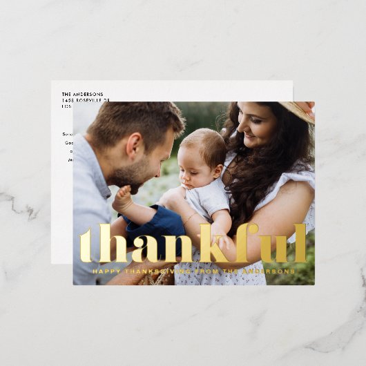 レトロはっきりしたタイポグラフィ感謝感謝祭 箔シーズンポストカード (正面/裏面)