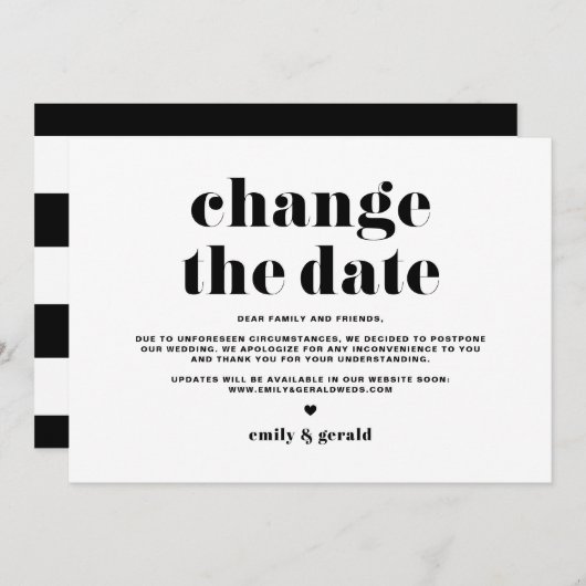 レトロはっきりしたタイポグラフィ黒日付の変更 案内状 (正面/裏面)