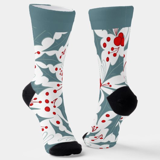 レトロはっきりしたティール(緑がかった色)ホリーアンドベリーズホリデイ ソックス (傾斜あり)