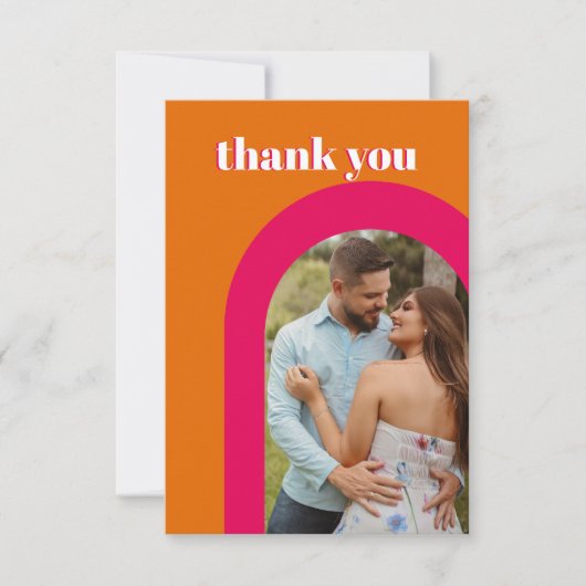 レトロはっきりしたネオンオレンジピンクアルチ結婚ーズ サンキューカード (正面)