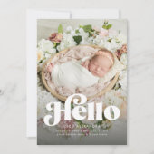 レトロはっきりしたハローかわいいフォトピンク誕生 案内状 (正面)