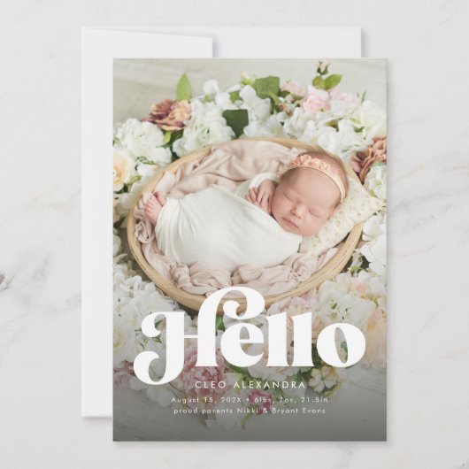 レトロはっきりしたハローかわいいフォトピンク誕生 案内状 (正面)