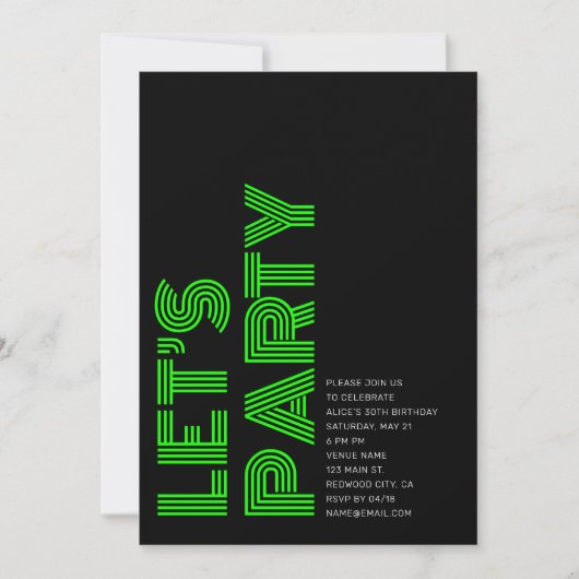 レトロはっきりしたバースデーパーティーブラックグリーン 招待状 (正面)