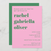 レトロはっきりしたピンク&グリーンシンプルバルミツワー 招待状 (正面/裏面)