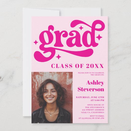 レトロはっきりしたピンクGroovy 2写真卒業パーティー 招待状 (正面)