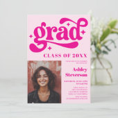 レトロはっきりしたピンクGroovy 2写真卒業パーティー 招待状 (スタンド正面)