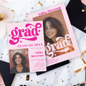 レトロはっきりしたピンクGroovy 2写真卒業パーティー 招待状