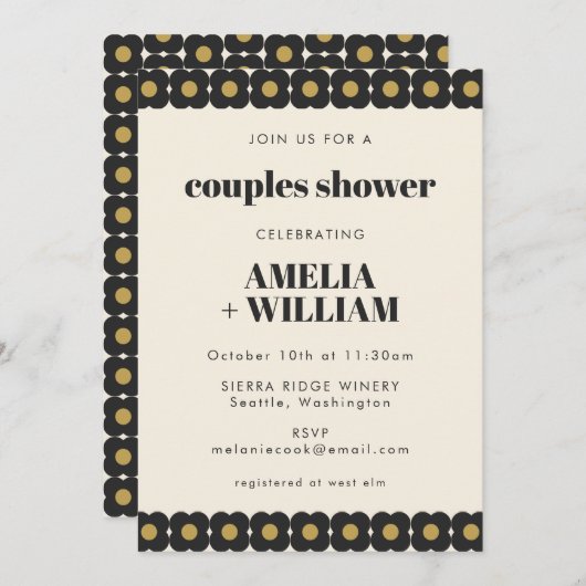 レトロはっきりしたブラックと金ゴールドフローラカップルのシャワー 招待状 (正面/裏面)