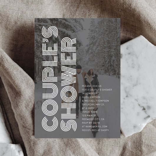 レトロはっきりしたブラックフォトカップルシャワー 招待状