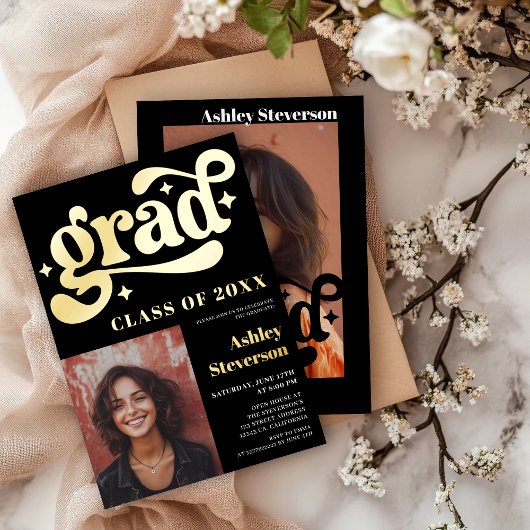 レトロはっきりしたブラックGroovy 2写真卒業パーティー 箔招待状