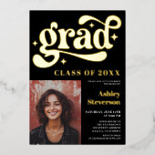 レトロはっきりしたブラックGroovy 2写真卒業パーティー 箔招待状 (正面)