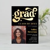 レトロはっきりしたブラックGroovy 2写真卒業パーティー 箔招待状 (立ち正面)