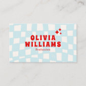 レトロはっきりしたブルー市松模様にGroovy QRコードファンキー 名刺 (正面)