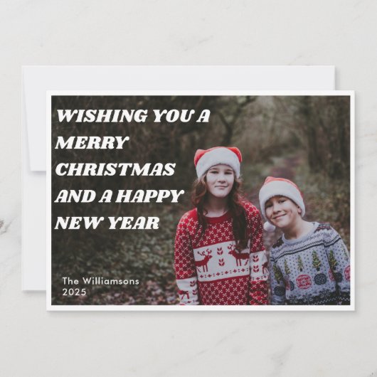 レトロはっきりしたホワイト文字オーバーレイ写真クリスマスイヤー シーズンカード (正面)