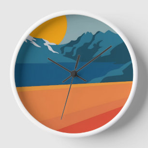 レトロはっきりしたマウンテンシーン – 赤と青のミニマリス 壁時計