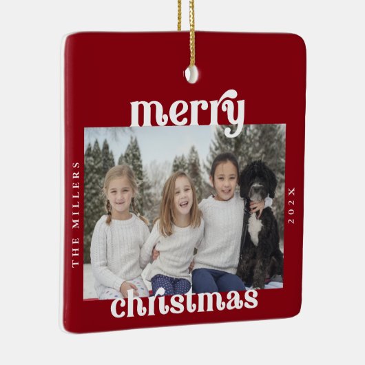 レトロはっきりしたメリークリスマス赤い写真 セラミックオーナメント (右)