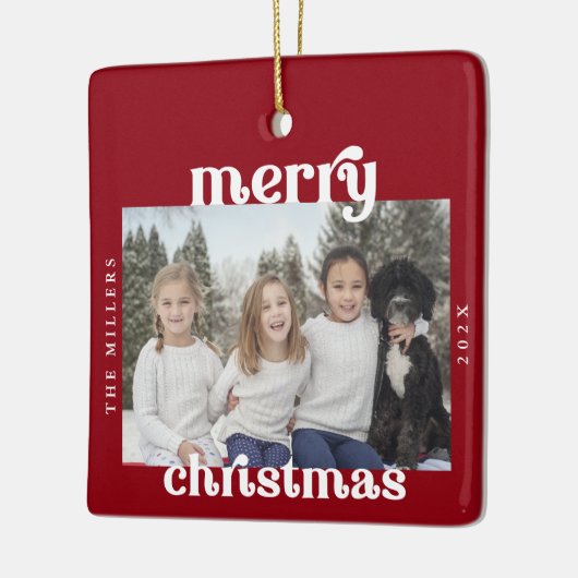 レトロはっきりしたメリークリスマス赤い写真 セラミックオーナメント (左)