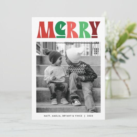 レトロはっきりしたレッドとグリーンホリデーフォトカード シーズンカード (スタンド正面)