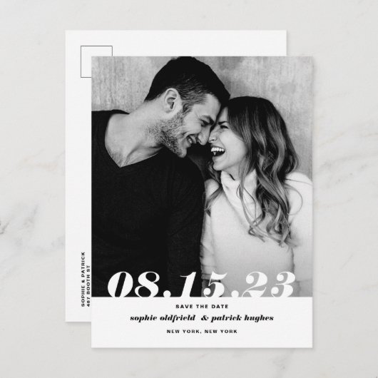 レトロはっきりした斜体タイポグラフィ写真の保存日付 案内ポストカード (正面/裏面)