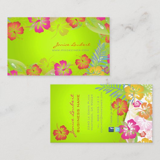 レトロはっきりした熱帯の花，ハイビスカス 名刺 (正面/裏面)