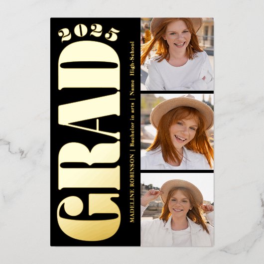 レトロはっきりした金ゴールド2025卒業パーティー4写真 箔招待状 (正面)