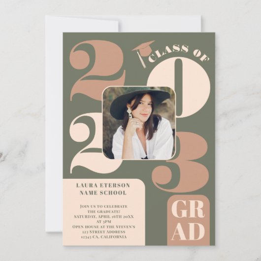 レトロはっきりした2023グリーンベージュ5枚の写真卒業 招待状 (正面)