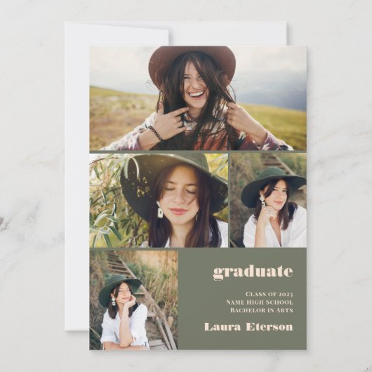 レトロはっきりした2023グリーンベージュ5枚の写真卒業 招待状 (裏面)