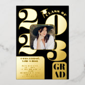 レトロはっきりした2023金ゴールドブラック5枚の写真卒業 箔招待状 (正面)