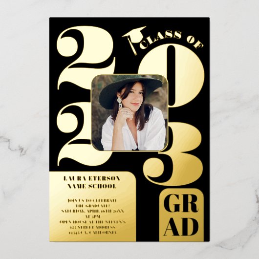 レトロはっきりした2023金ゴールドブラック5枚の写真卒業 箔招待状 (正面)