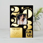 レトロはっきりした2023金ゴールドブラック5枚の写真卒業 箔招待状 (立ち正面)