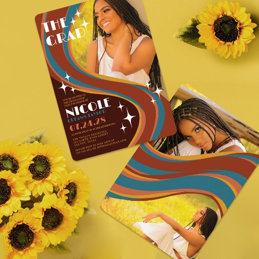 レトロはっきりした70ズレインボースワールカジュアル卒業 招待状