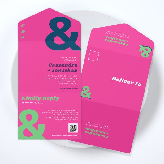 レトロはっきりしたGroovy BrightアンパサンドQRコー結婚ド オールインワン招待状
