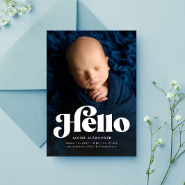 レトロはっきりしたhello cute blue photo誕生 案内状