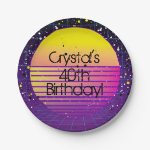 レトロは80の紫色の黄色の太陽のパーティーに戻る ペーパープレート