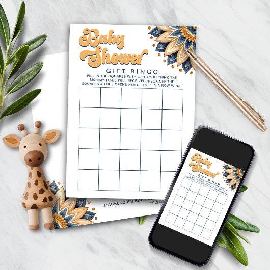 レトロひまわり赤ちゃんシャワーギフトビンゴゲーム 招待状