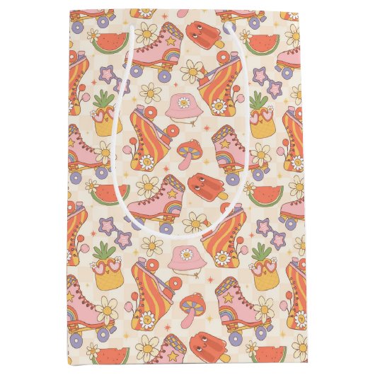 レトロよくはしゃぐサマーローラスケートで滑るおもしろい ミディアムペーパーバッグ (正面)