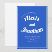 レトロよくはしゃぐトレンディーフランスのブルー結婚ホワイト 招待状 (正面/裏面)