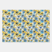 レトロよくはしゃぐフローラルパターン、ソフトブルー及びイエロー ラッピングペーパーシート (正面3)