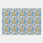 レトロよくはしゃぐフローラルパターン、ソフトブルー及びイエロー ラッピングペーパーシート (正面2)
