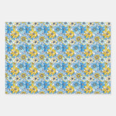 レトロよくはしゃぐフローラルパターン、ソフトブルー及びイエロー ラッピングペーパーシート (正面)