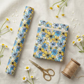 レトロよくはしゃぐフローラルパターン、ソフトブルー及びイエロー ラッピングペーパー