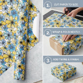 レトロよくはしゃぐフローラルパターン、ソフトブルー及びイエロー ラッピングペーパー