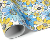 レトロよくはしゃぐフローラルパターン、ソフトブルー及びイエロー ラッピングペーパー (ロールコーナー)