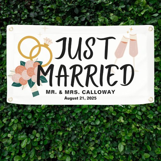 レトロアイコンたった今結婚しましたカーバナー 横断幕