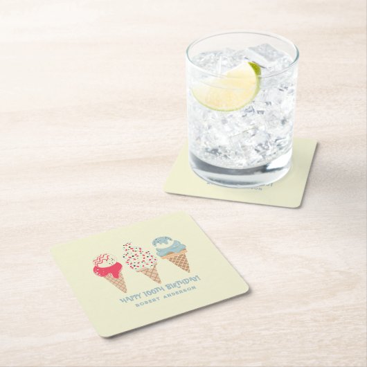 レトロアイスクリームコーン100誕生日カスタム スクエアペーパーコースター (インサイチュ)