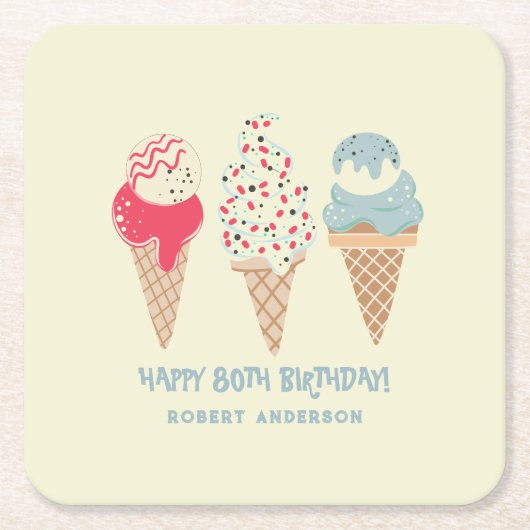レトロアイスクリームコーン80誕生日カスタム スクエアペーパーコースター (正面)