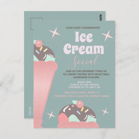 レトロアイスクリームソーシャルサンデフライヤー招待状 ポストカード (正面/裏面)