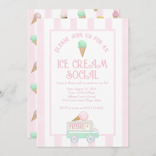 レトロアイスクリームソーシャルバースデーパーティー 招待状 (正面/裏面)